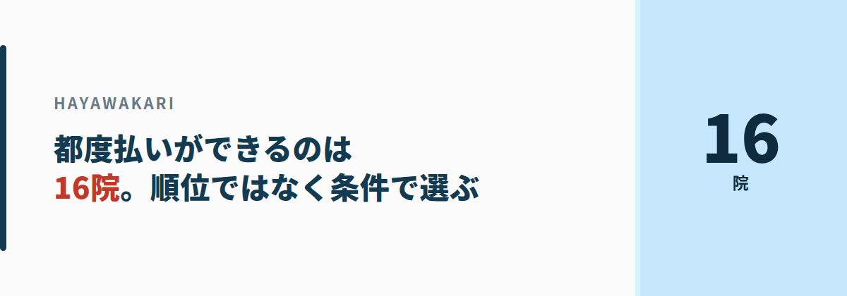 大阪で都度払いができるのは16院。順位ではなく条件で選ぶ