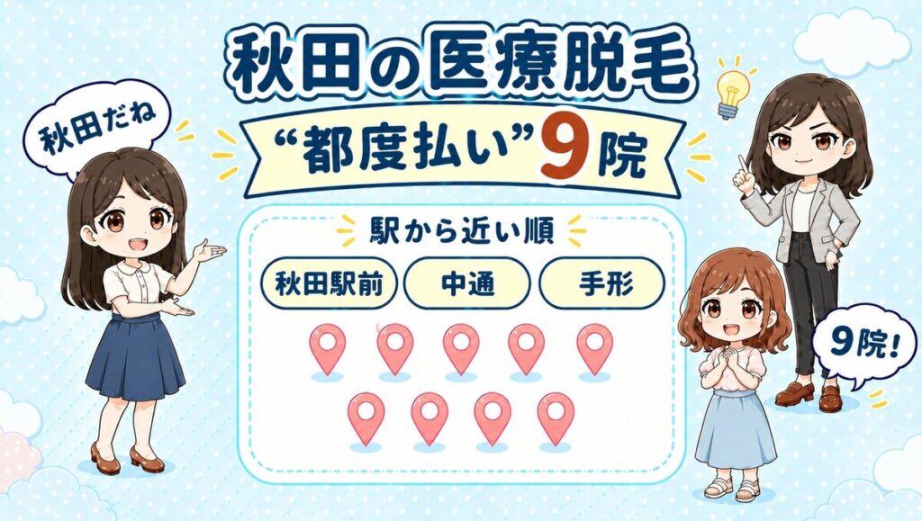 秋田の医療脱毛「都度払い」9院。秋田駅前・中通・手形を駅から近い順で紹介する、先生と生徒のイラスト