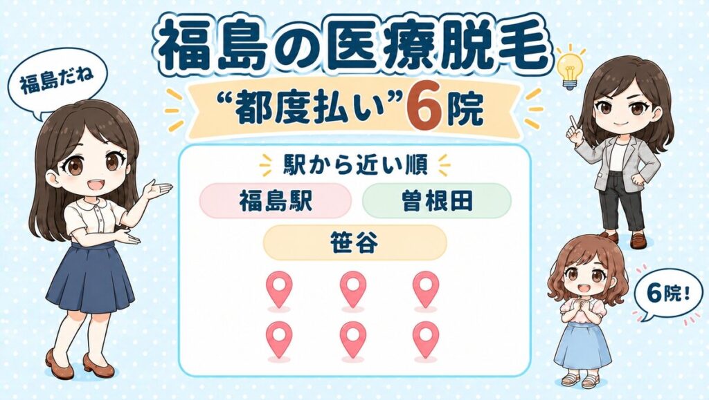 福島の医療脱毛「都度払い」6院。福島駅・曽根田・笹谷を駅から近い順で紹介する、先生と生徒のイラスト