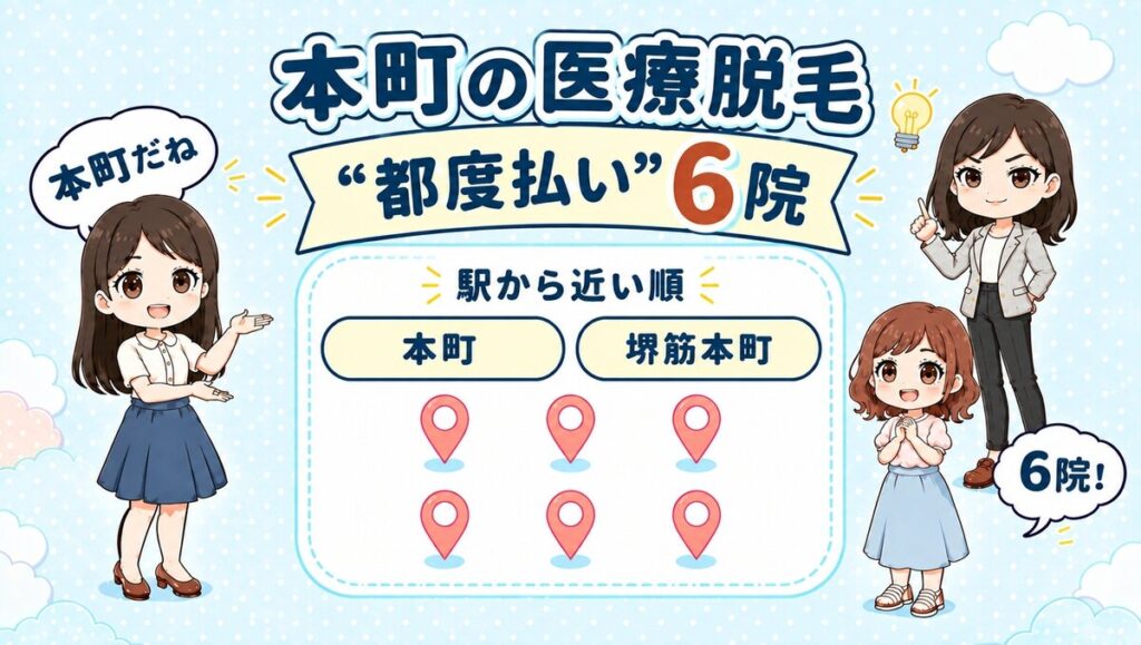 本町の医療脱毛「都度払い」6院。本町・堺筋本町を駅から近い順で紹介する、先生と生徒のイラスト