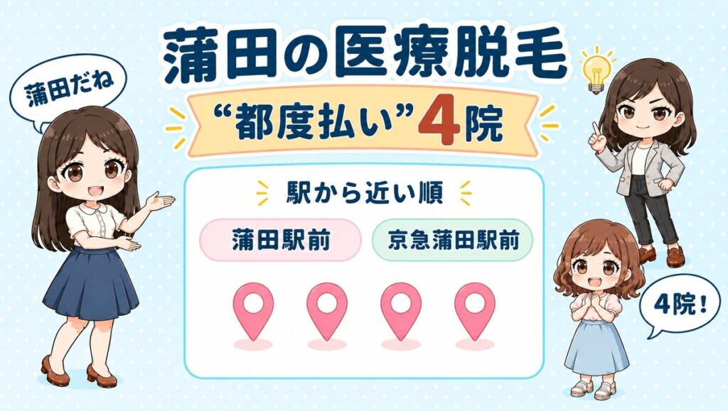 蒲田の医療脱毛「都度払い」4院。蒲田駅前・京急蒲田駅前を駅から近い順で紹介する、先生と生徒のイラスト