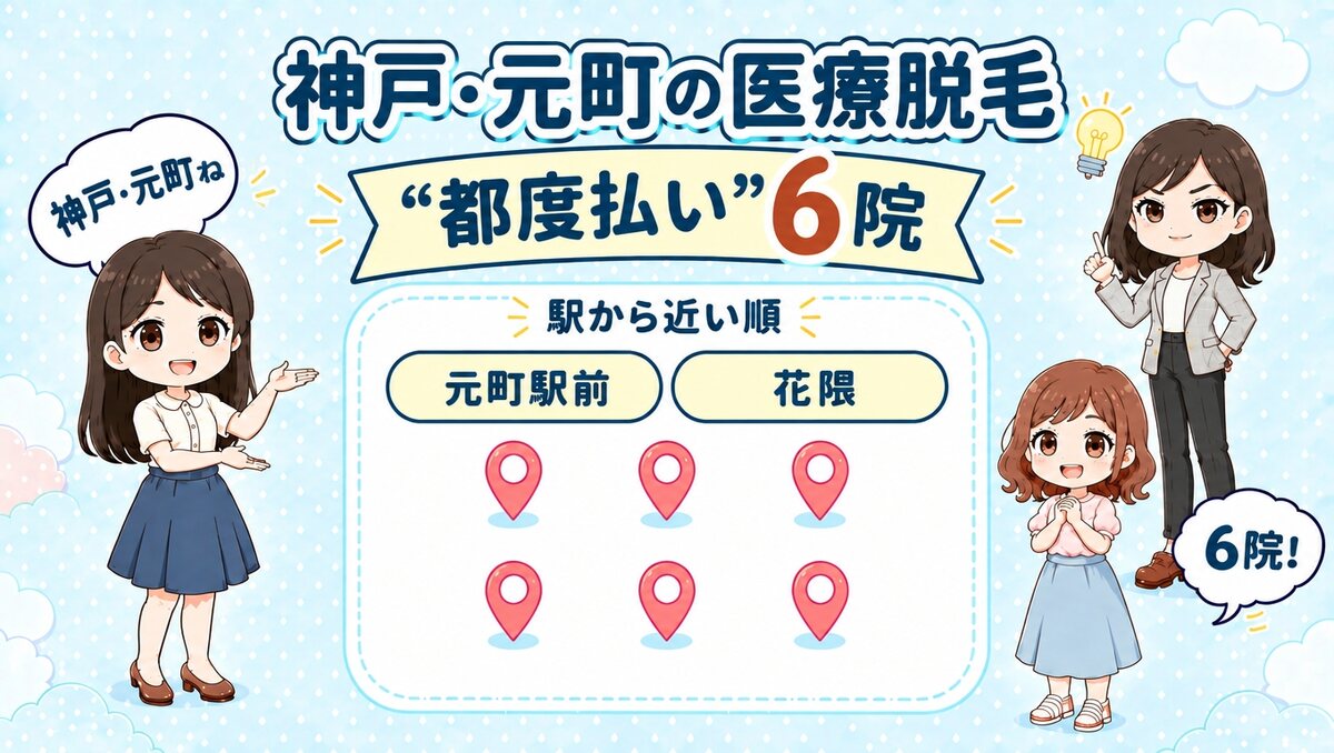 神戸・元町の医療脱毛「都度払い」6院。元町駅前・花隈を駅から近い順で紹介する、先生と生徒のイラスト