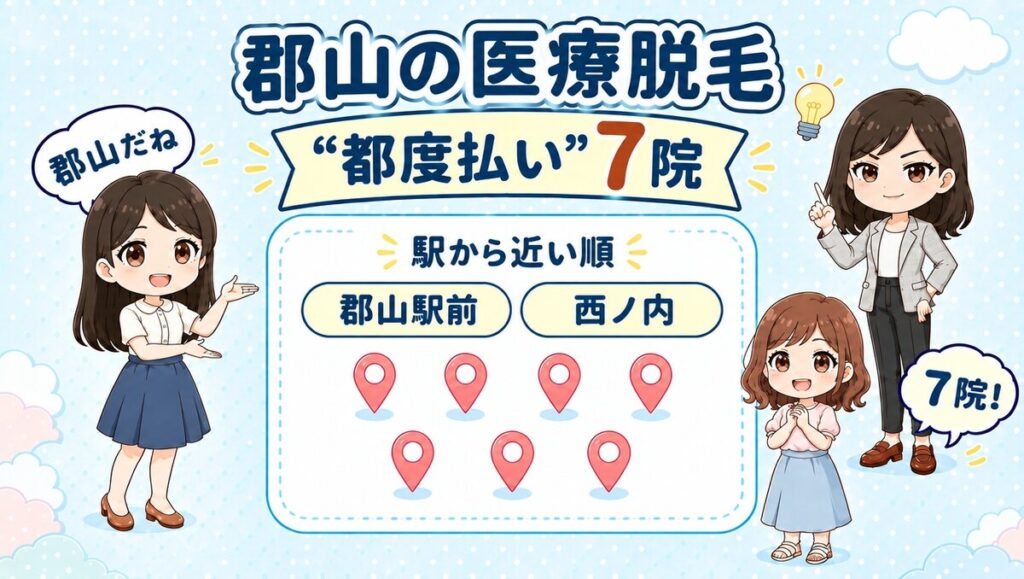 郡山の医療脱毛「都度払い」7院。郡山駅前・西ノ内を駅から近い順で紹介する、先生と生徒のイラスト