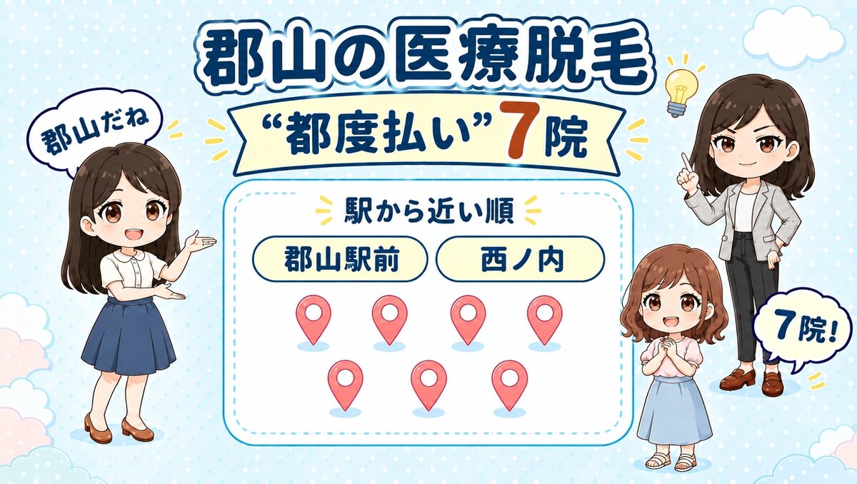 郡山の医療脱毛「都度払い」7院。郡山駅前・西ノ内を駅から近い順で紹介する、先生と生徒のイラスト