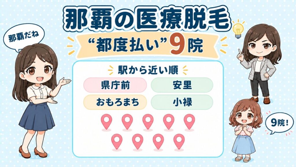 那覇の医療脱毛「都度払い」9院。県庁前・安里・おもろまち・小禄を駅から近い順で紹介する、先生と生徒のイラスト