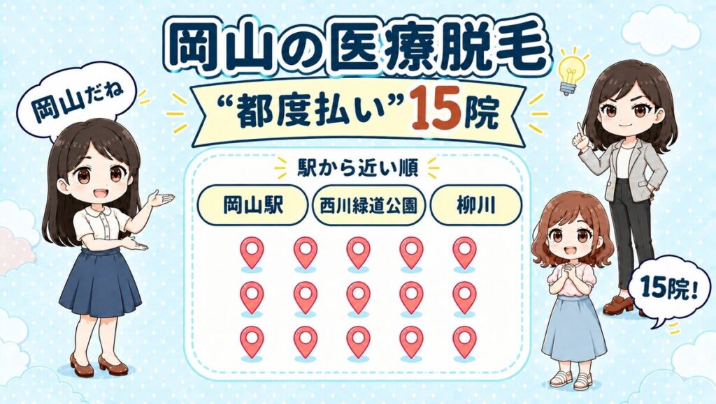 岡山の医療脱毛「都度払い」15院。岡山駅・西川緑道公園・柳川を駅から近い順で紹介する、先生と生徒のイラスト