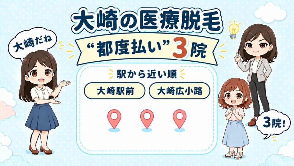 大崎の医療脱毛「都度払い」3院。大崎駅前・大崎広小路を駅から近い順で紹介する、先生と生徒のイラスト