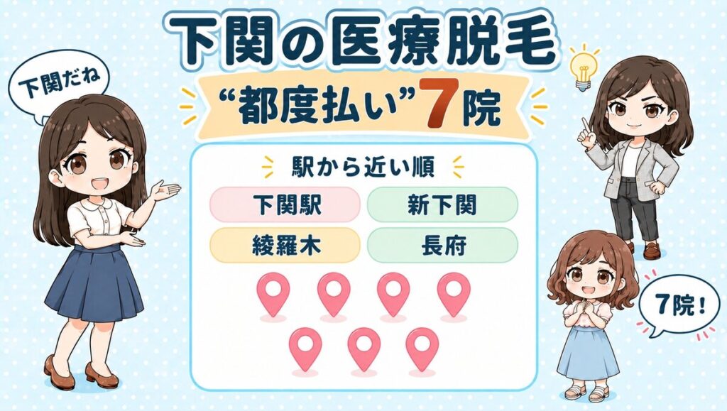 下関の医療脱毛「都度払い」7院。下関駅・新下関・綾羅木・長府を駅から近い順で紹介する、先生と生徒のイラスト