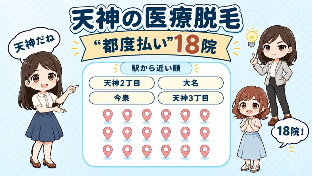 天神の医療脱毛「都度払い」18院。天神2丁目・大名・今泉・天神3丁目を駅から近い順で紹介する、先生と生徒のイラスト