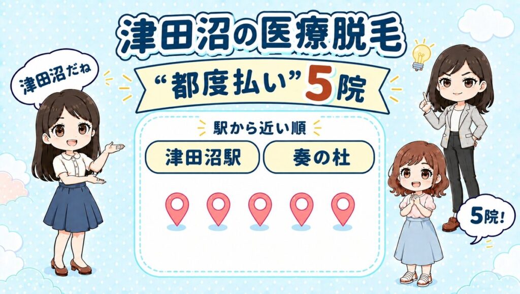 津田沼の医療脱毛「都度払い」5院。津田沼駅・奏の杜を駅から近い順で紹介する、先生と生徒のイラスト