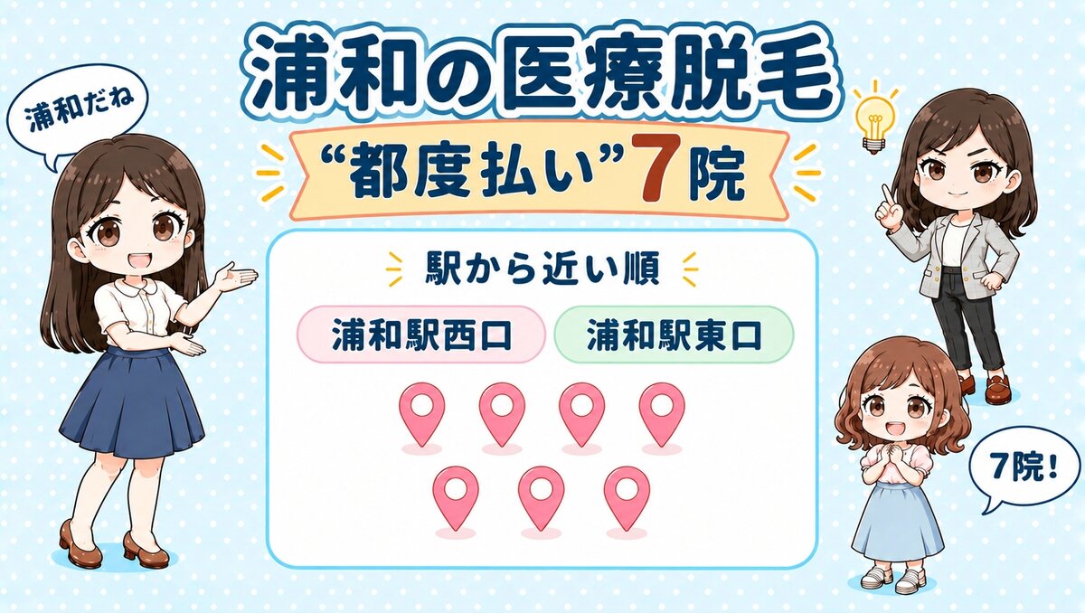 浦和の医療脱毛「都度払い」7院。浦和駅西口・浦和駅東口を駅から近い順で紹介する、先生と生徒のイラスト
