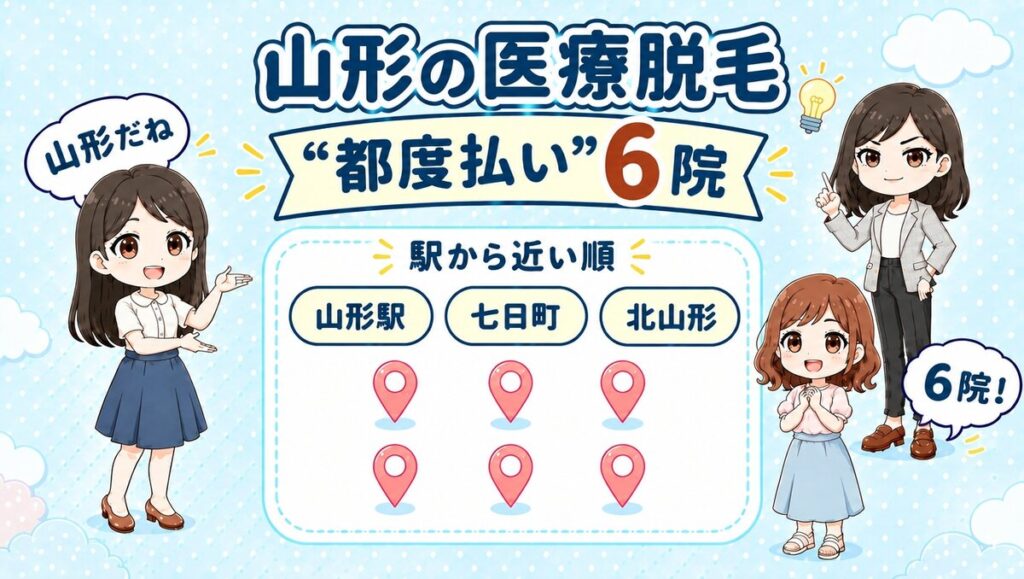 山形の医療脱毛「都度払い」6院。山形駅・七日町・北山形を駅から近い順で紹介する、先生と生徒のイラスト
