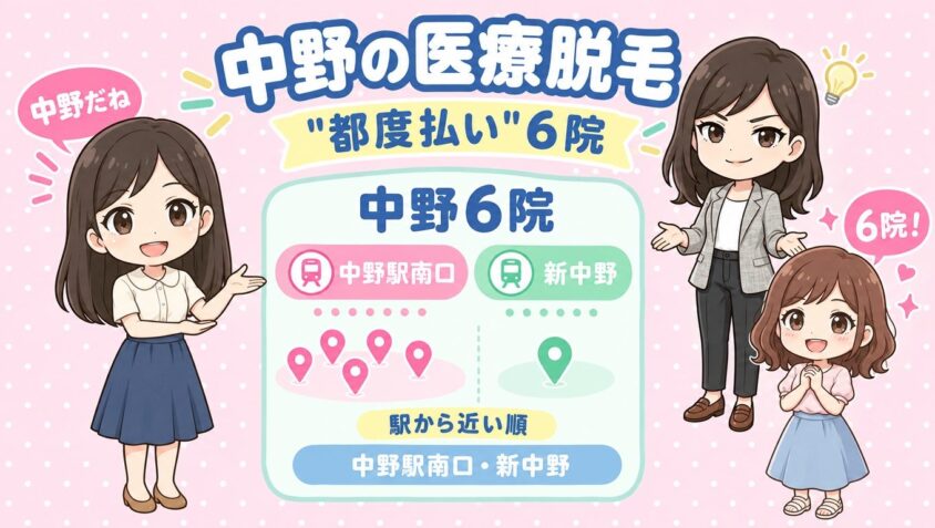 中野にある医療脱毛「都度払い」6院【後悔しない選び方も解説】｜中野駅南口・新中野を駅から近い順に
