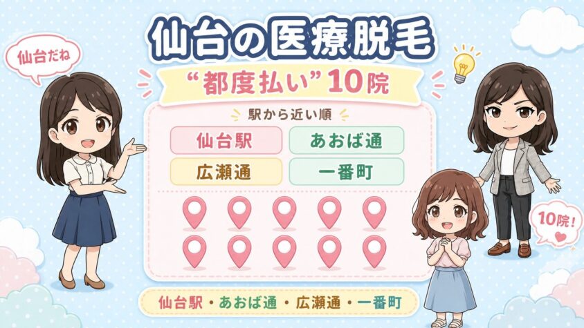 仙台にある医療脱毛「都度払い」10院【後悔しない選び方も解説】｜仙台駅・あおば通・広瀬通・一番町を駅から近い順に
