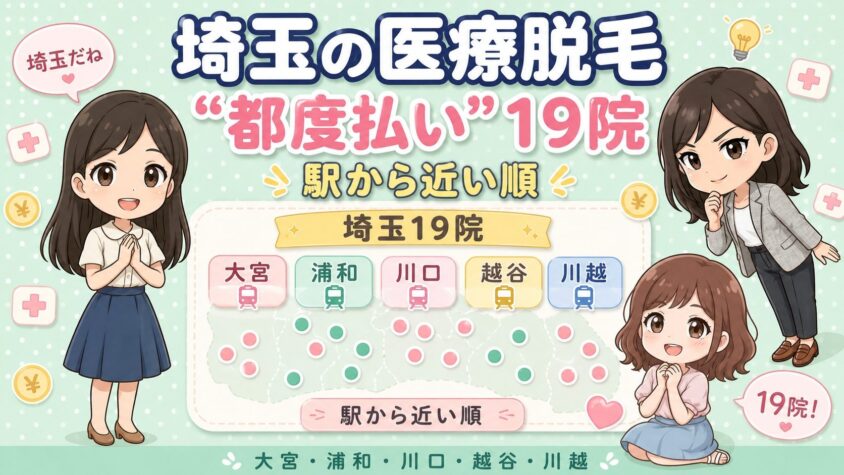 埼玉にある医療脱毛「都度払い」19院【後悔しない選び方も解説】｜大宮・浦和・川口・越谷・川越を駅から近い順に