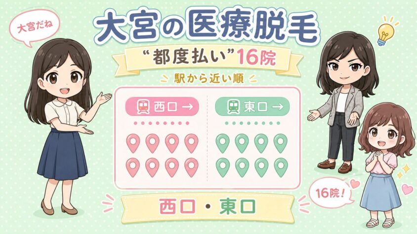 大宮にある医療脱毛「都度払い」16院【後悔しない選び方も解説】｜西口・東口を駅から近い順に