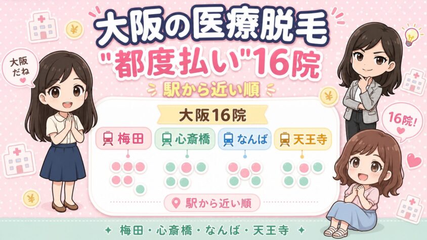 大阪にある医療脱毛「都度払い」16院【後悔しない選び方も解説】梅田・心斎橋・なんば・天王寺を駅から近い順に