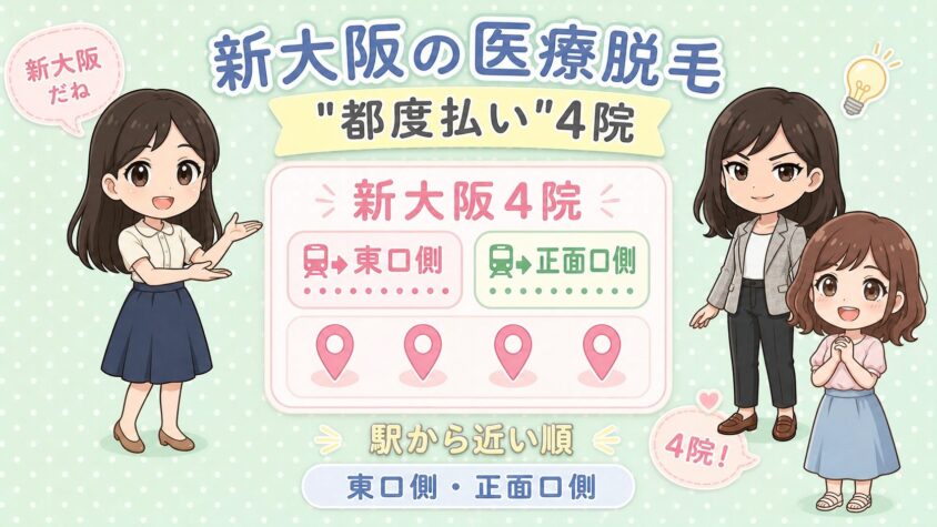 新大阪にある医療脱毛「都度払い」4院【後悔しない選び方も解説】｜東口側・正面口側を駅から近い順に