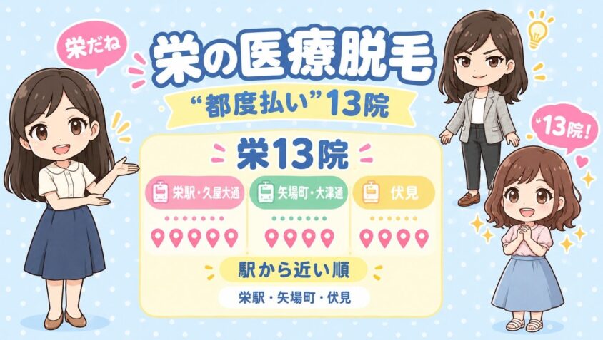 栄にある医療脱毛「都度払い」13院【後悔しない選び方も解説】｜栄駅・矢場町・伏見を駅から近い順に