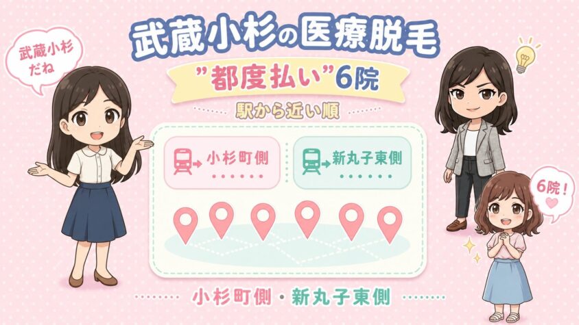 武蔵小杉にある医療脱毛「都度払い」6院【後悔しない選び方も解説】｜小杉町側・新丸子東側を駅から近い順に