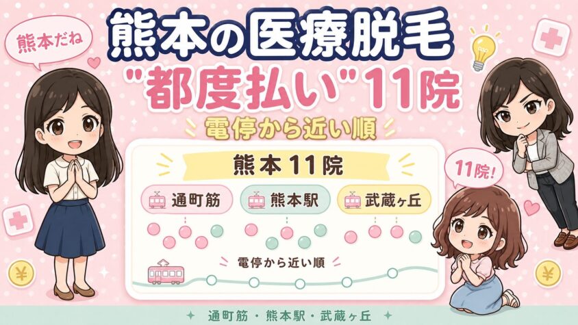 熊本にある医療脱毛「都度払い」11院【後悔しない選び方も解説】｜通町筋・熊本駅・武蔵ヶ丘を電停から近い順に