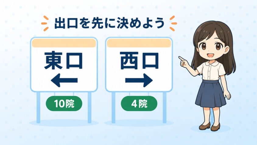 東口と西口で院の数がちがう。出口を先に決める