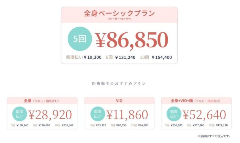 カノアクリニック公式の都度払いの料金（全身ベーシックプラン・全身・VIO・全身＋VIO＋顔）