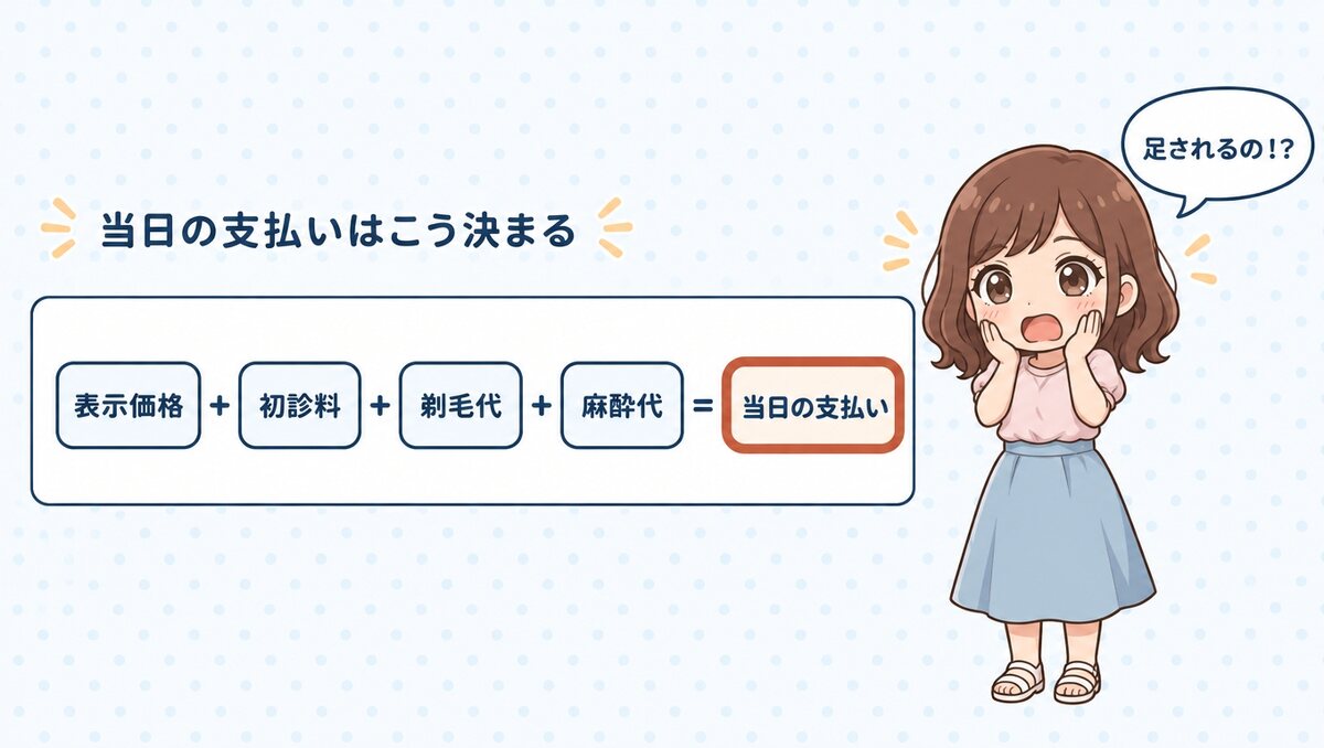 当日の支払いは表示価格に初診料・剃毛代・麻酔代が足されて決まる