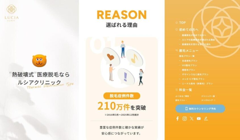 ルシアクリニック公式サイトの「選ばれる理由」（脱毛症例件数210万件突破）