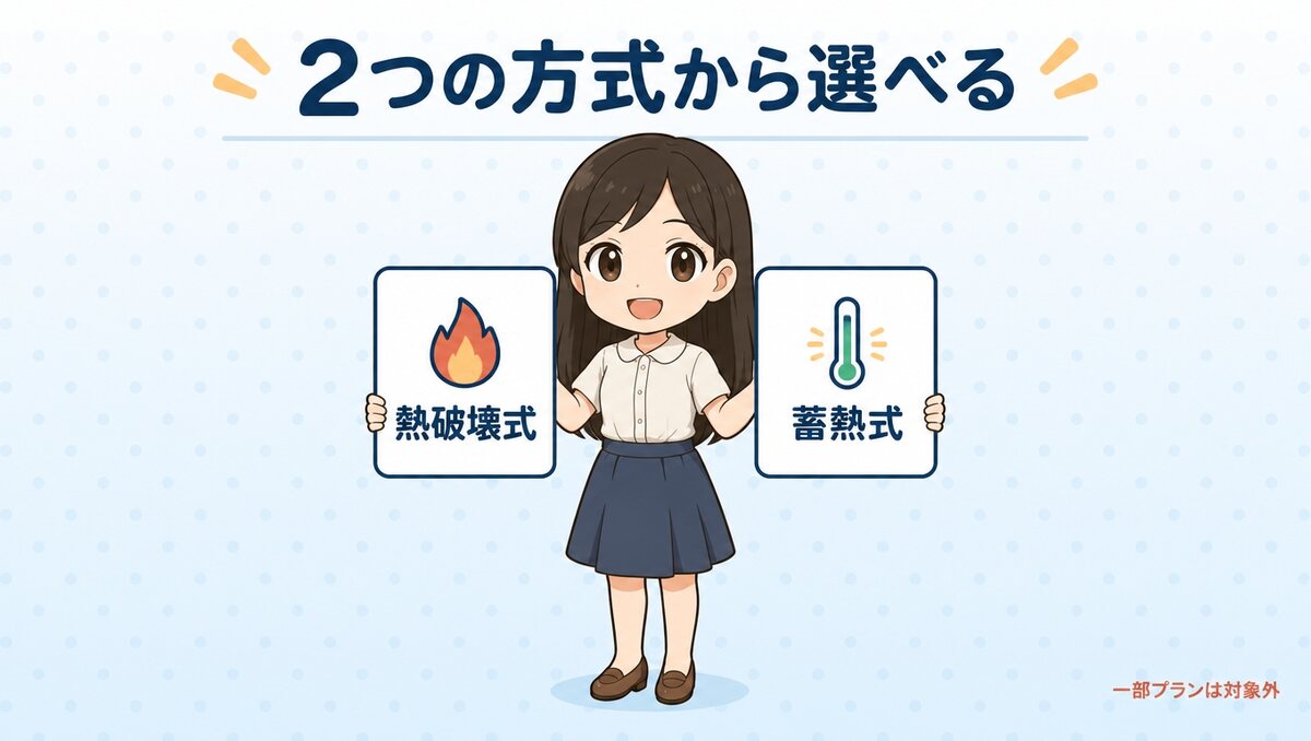 熱破壊式と蓄熱式の2つの方式から選べる