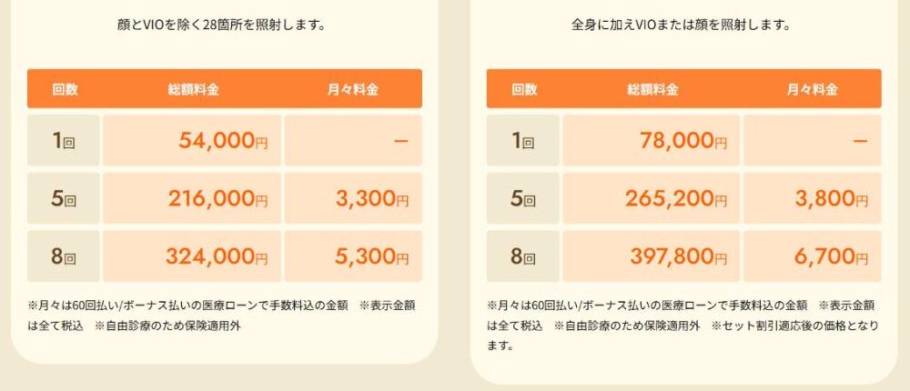レジーナクリニック公式のオーダーメイドプラン全身脱毛の料金表（1回・5回・8回）