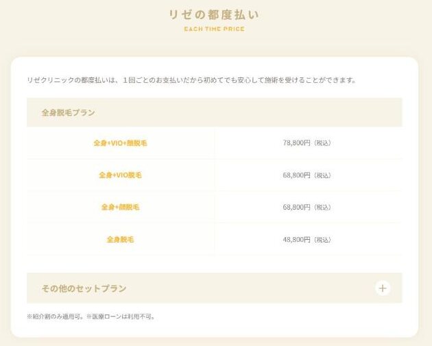 リゼクリニック公式の「リゼの都度払い」（全身脱毛プランの1回料金）