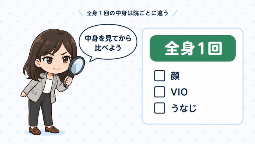 同じ全身1回でも顔・VIO・うなじが入っているかは院ごとに違う