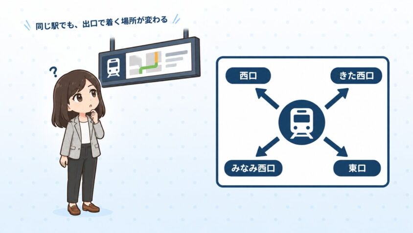 同じ駅でも、出口で着く場所が変わる